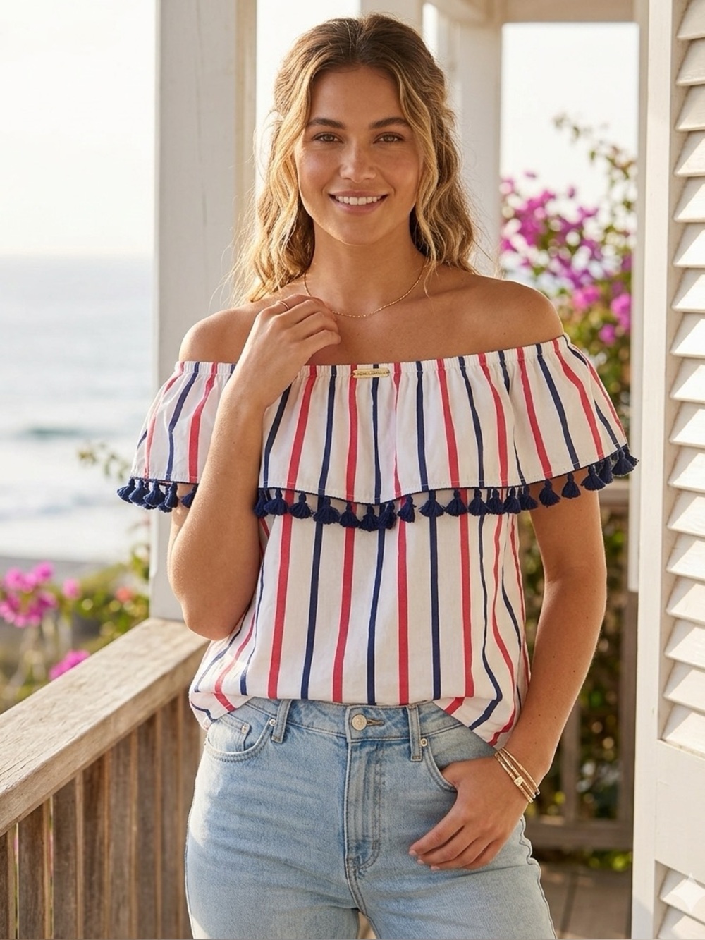 Southern Stitch Striped Off-Shoulder Top - White, Red & Navy